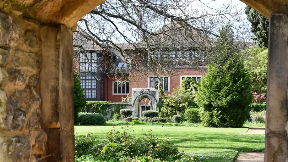 Abbey House, Abingdon, the Vale of White Horse council offices, seen through the Abbey Gardens arch